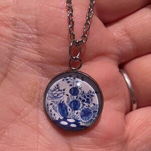 Blue Toile Charm Necklace